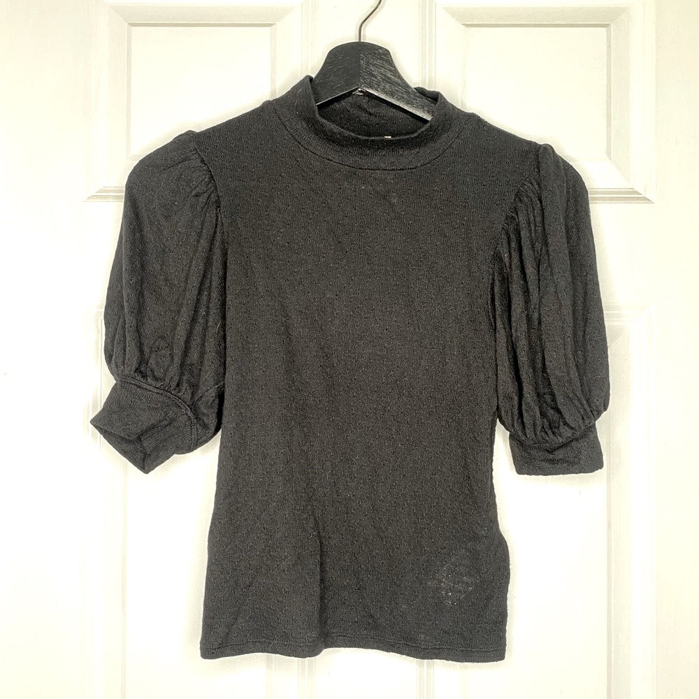 Free People Mock Neck Puff Sleeve Knit Top Sz S